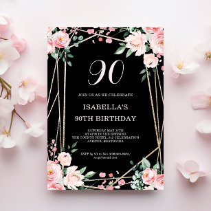 Black   Blush Pink Floral 90th Birthday Invitation
