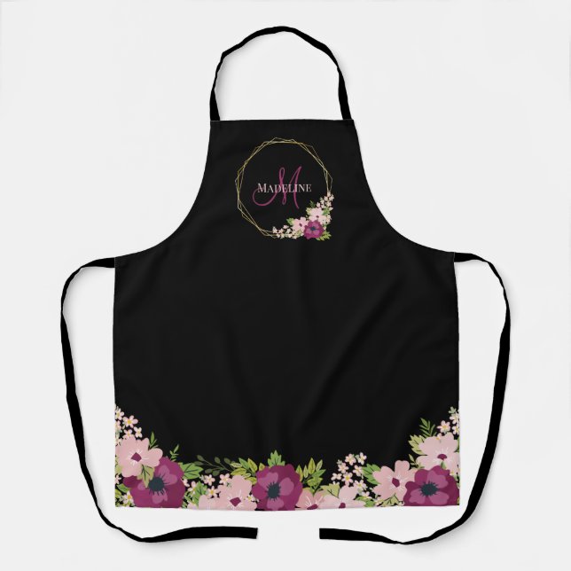 Black Blush Pink Floral Geometric Monogram Apron (Front)