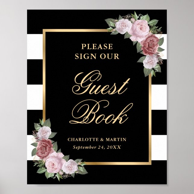 Black Blush Pink Floral Wedding Guest Book Sign (Front)