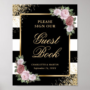 Black Blush Pink Floral Wedding Guest Book Sign