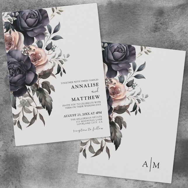 Black Blush Pink Floral Wedding Invitation (Dark Gothic Fall Floral Wedding Invitation)