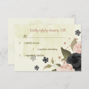 black blush pink flowers botanical wedding RSVP card