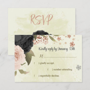 black blush pink flowers botanical wedding RSVP card