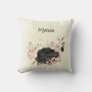 black blush pink flowers cushion