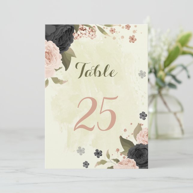 black blush pink flowers table number card (Standing Front)