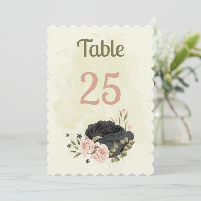 black blush pink flowers table number card (Standing Front)