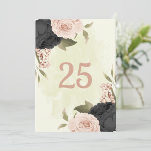black blush pink flowers table number card