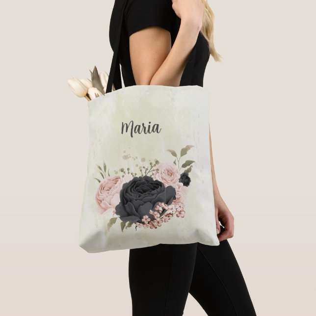 black blush pink flowers tote bag (Close Up)