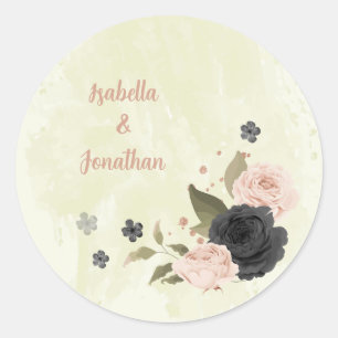 black blush pink flowers wedding classic round sticker