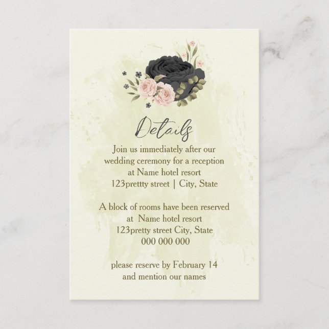 black blush pink flowers wedding details enclosure card (Front)