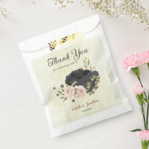 black blush pink flowers wedding favour bags