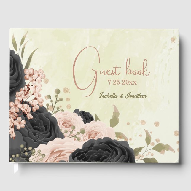 black blush pink flowers wedding guest book (Front)