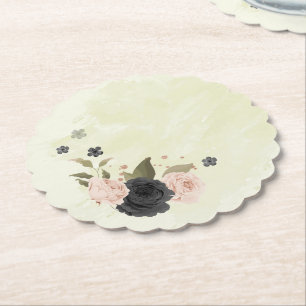 black blush pink flowers wedding paper coaster