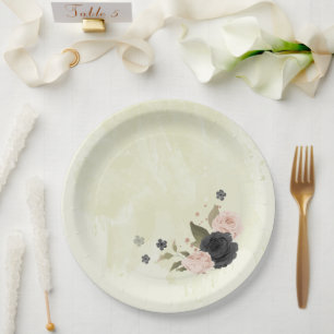 black blush pink flowers wedding paper plate