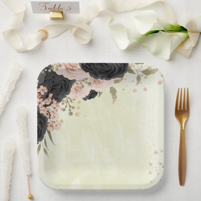 black blush pink flowers wedding paper plate (Wedding)
