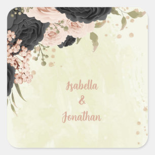 black blush pink flowers wedding square sticker
