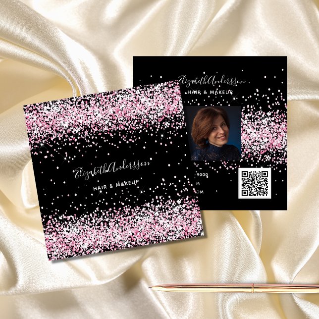Black blush pink glitter profile photo qr code square business card (Creator Uploaded)