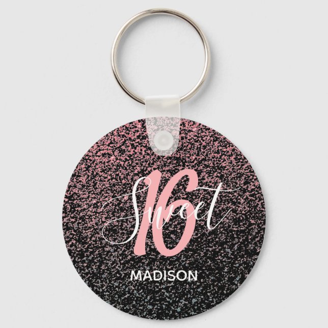 Black Blush Pink Glitter Sweet 16 Name Party Favou Key Ring (Front)