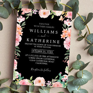 Black Blush Pink & Peach Flower bouquet Wedding  Invitation