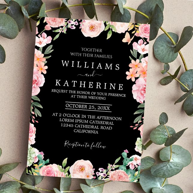 Black Blush Pink & Peach Flower bouquet Wedding  Invitation (Creator Uploaded)