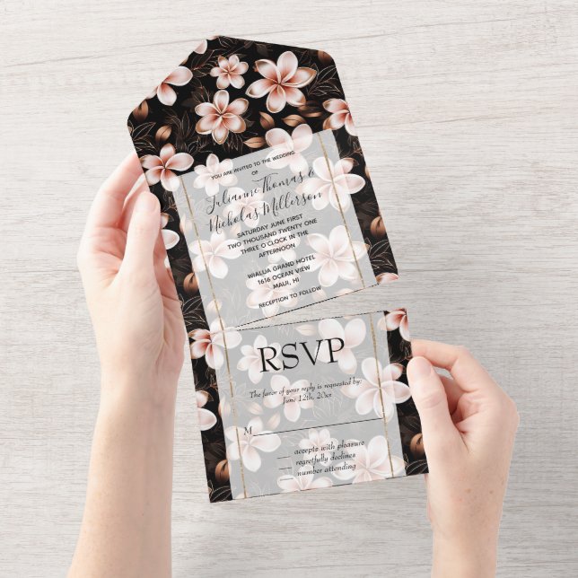 Black Blush Pink Rose Gold Floral All In One Invitation (Tearaway)