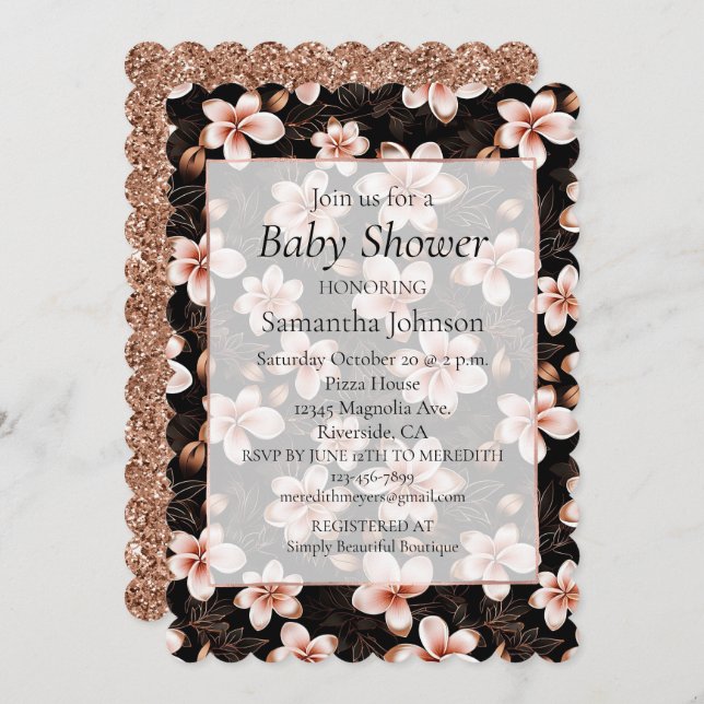 Black Blush Pink Rose Gold Floral Baby Shower Invitation (Front/Back)
