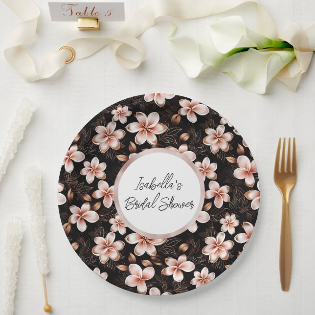 Black Blush Pink Rose Gold Floral Bridal Shower Paper Plate (Wedding)