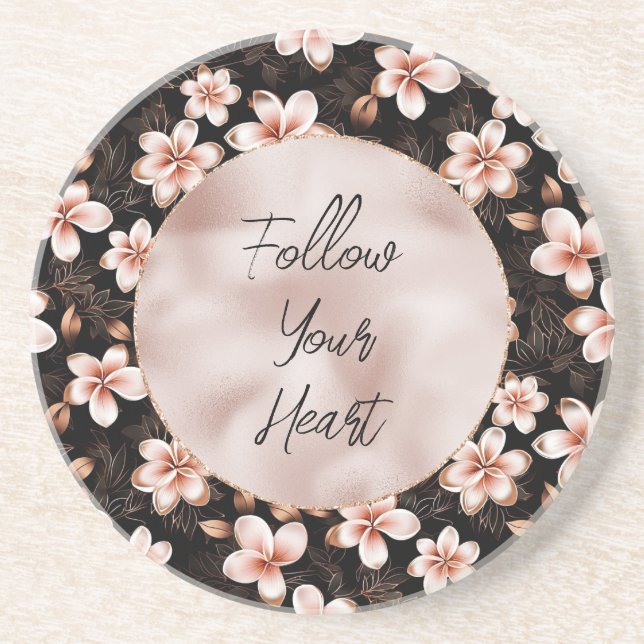 Black Blush Pink Rose Gold Floral Coaster (Front)