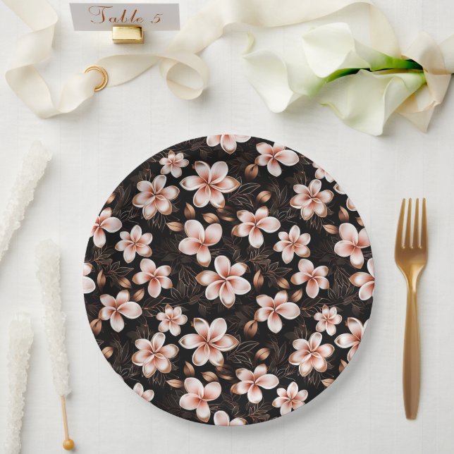 Black Blush Pink Rose Gold Floral Paper Plate (Wedding)