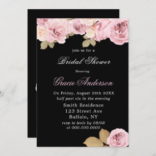 Black Blush Pink Roses Bridal Shower Invitation