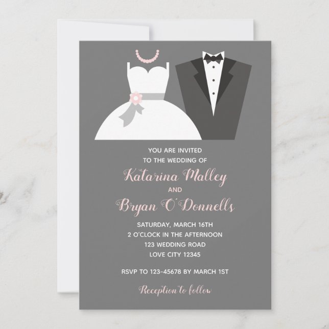 Black & Blush Pink Wedding Invitations Tuxedo Gown (Front)