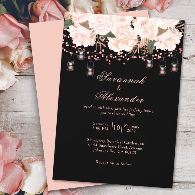 Black & Blush Rose Floral String Lights Wedding Invitation (Creator Uploaded)