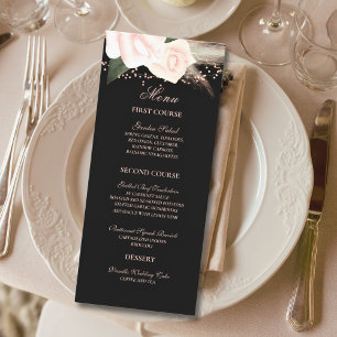 Black & Blush Rose Floral String Lights Wedding Menu