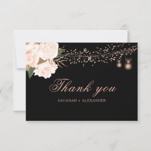Black Blush Rose Floral String Lights Wedding Thank You Card