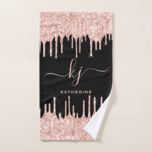Black Blush Rose Gold Glitter Drips 2 Monogram Hand Towel