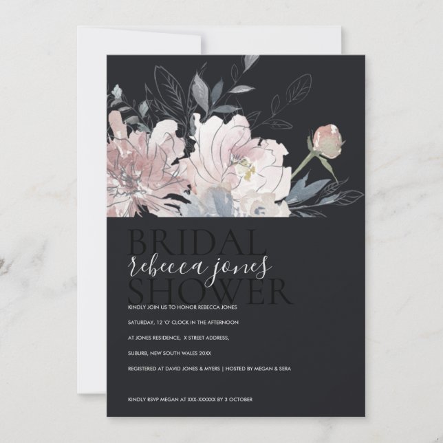 BLACK BLUSH WATERCOLOR FLORAL BRIDAL SHOWER INVITE (Front)