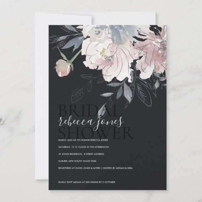 BLACK BLUSH WATERCOLOR FLORAL BRIDAL SHOWER INVITE (Front)