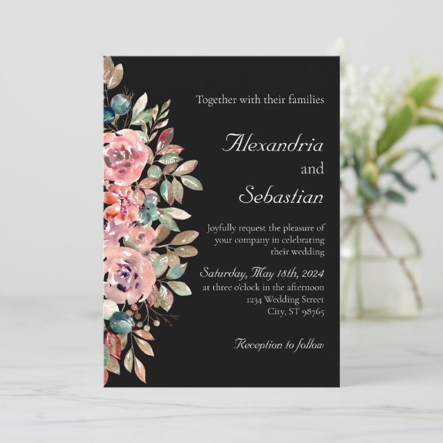 Black Blush Watercolor Floral Foliage Wedding Invitation (Standing Front)