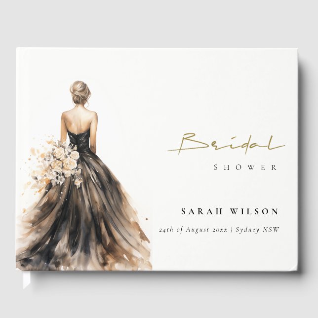 Black Blush Watercolor Wedding Gown Bridal Shower Guest Book (Front)