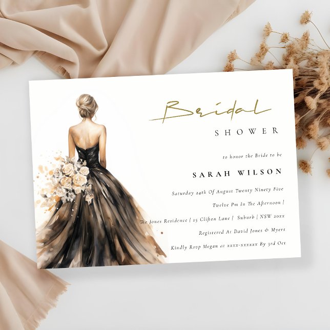 Black Blush Watercolor Wedding Gown Bridal Shower Invitation (Creator Uploaded)
