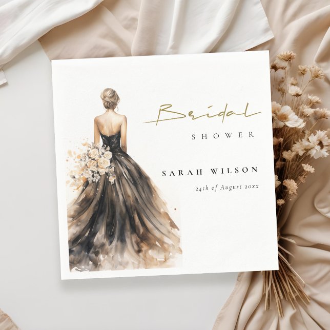 Black Blush Watercolor Wedding Gown Bridal Shower Napkin (Creator Uploaded)