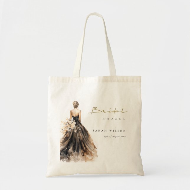 Black Blush Watercolor Wedding Gown Bridal Shower Tote Bag (Front)