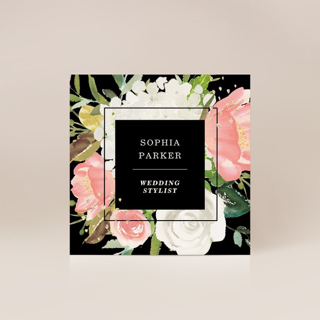 Black Blushing Pink Floral with Faux Gold Square Business Card (Creator Uploaded)