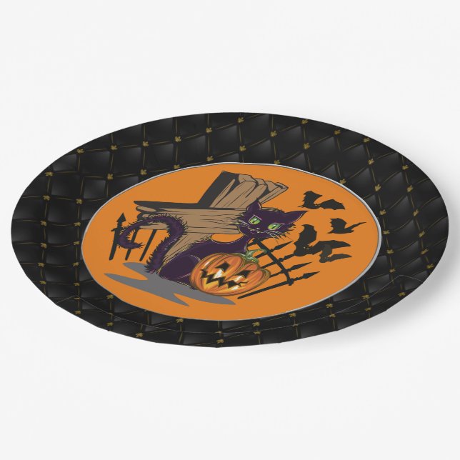 Black Boarder Black Cat Tombstone Bats Halloween Paper Plate (Angled)