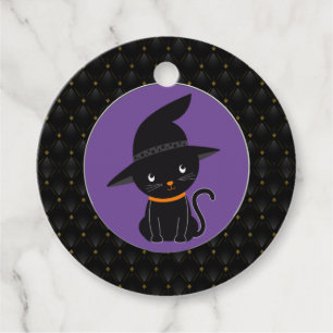 Black Boarder Black Cat With A Witch Hat Halloween Favour Tags