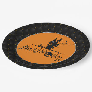 Black Boarder Happy Halloween Haunted House Paper Plate