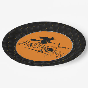 Black Boarder Happy Halloween Witch And Bats Paper Plate