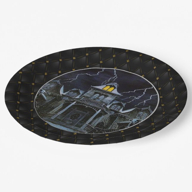 Black Boarder Haunted House Halloween Paper Plate (Angled)