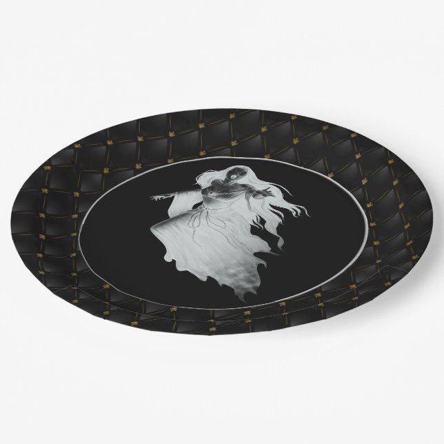 Black Boarder Lady In White Ghost Halloween Paper Plate (Angled)