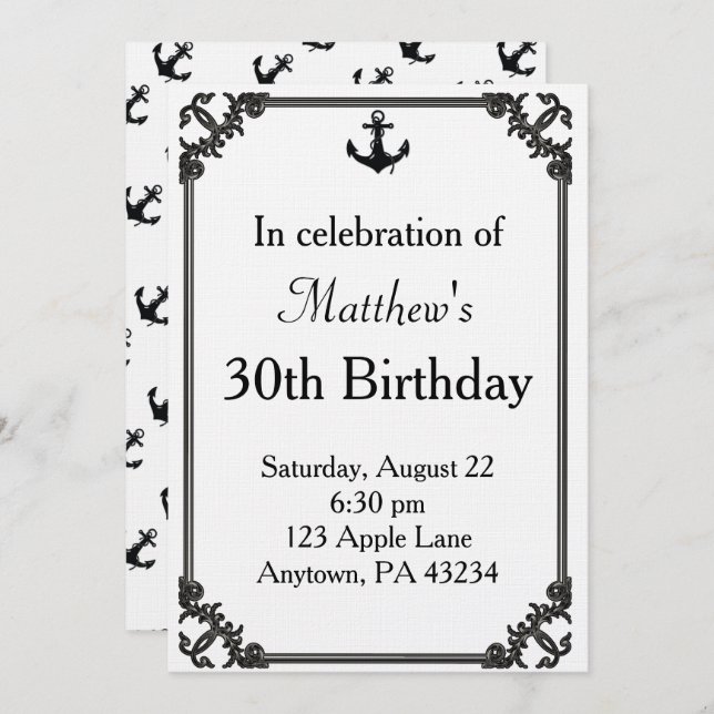 Black Boat Anchor Birthday Custom Invitation (Front/Back)